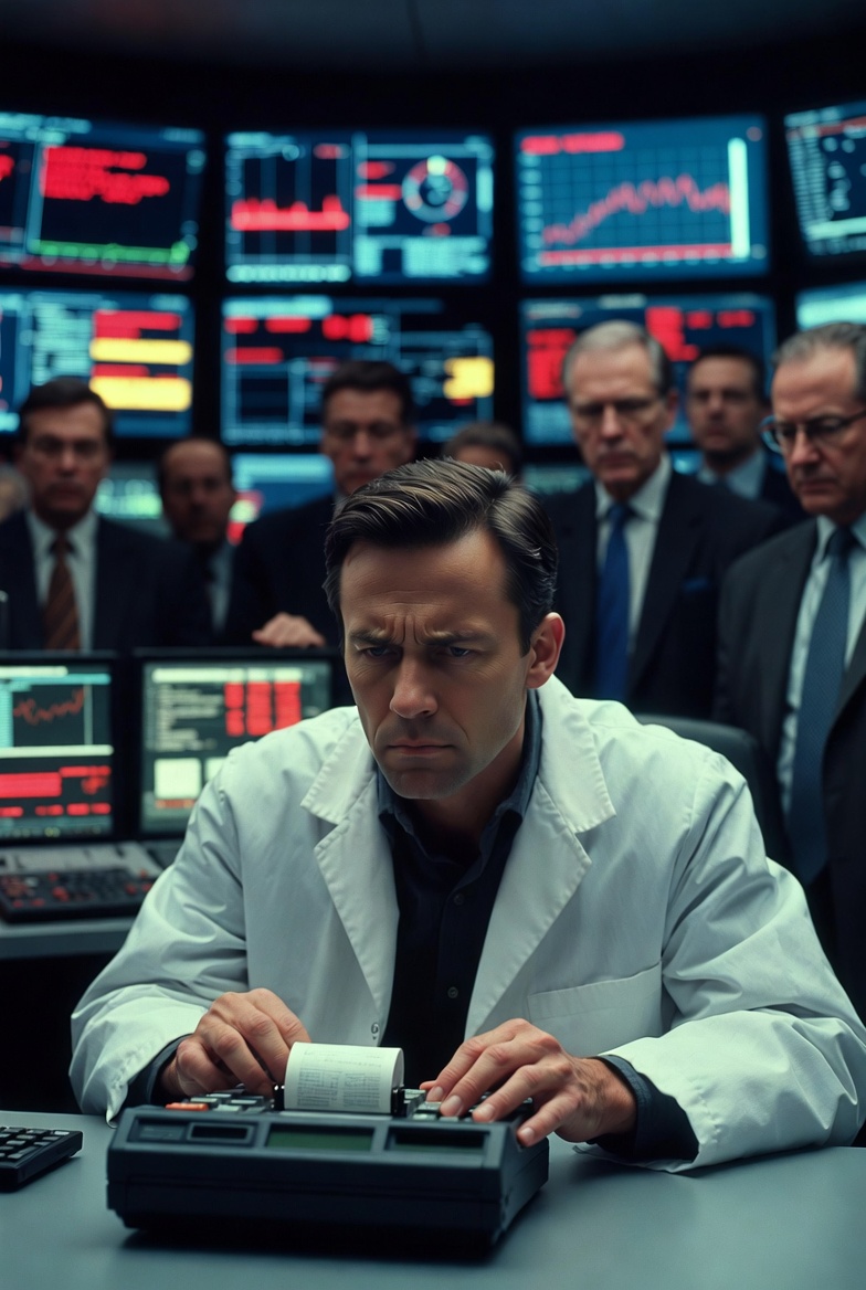 A frustrated scientist facing an uncertain future with outdated technology